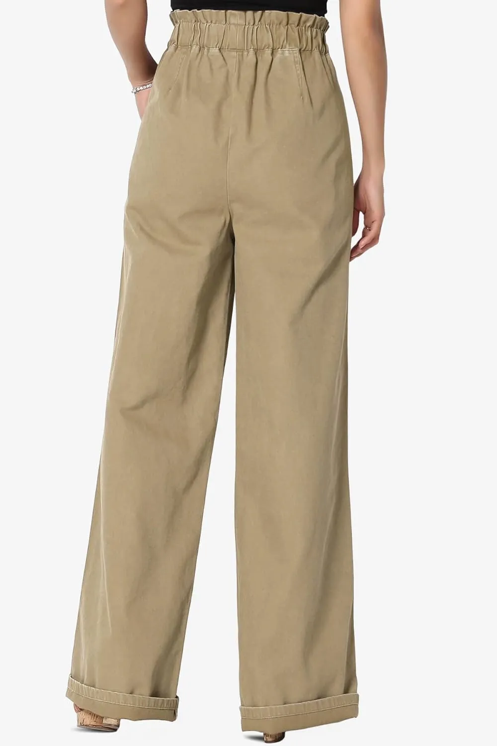 TheMogan Women's Tall S~3X Washed Canvas Twill Paperbag Elastic High Waist Wide Pants