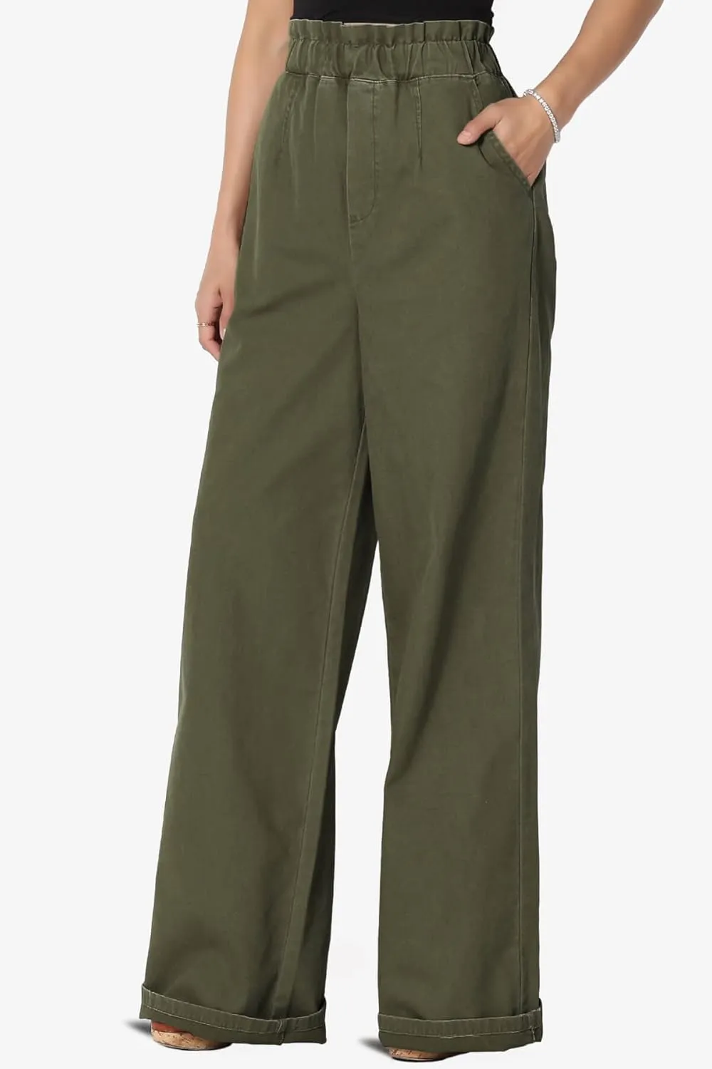 TheMogan Women's Tall S~3X Washed Canvas Twill Paperbag Elastic High Waist Wide Pants