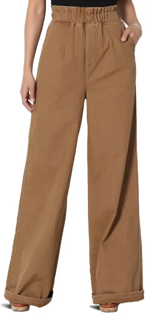 TheMogan Women's Tall S~3X Washed Canvas Twill Paperbag Elastic High Waist Wide Pants