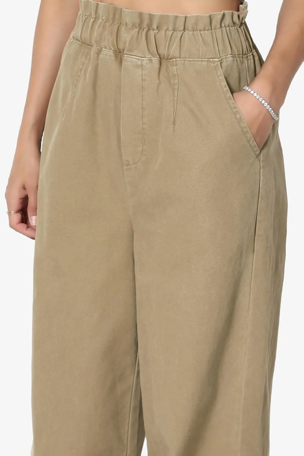TheMogan Women's Tall S~3X Washed Canvas Twill Paperbag Elastic High Waist Wide Pants