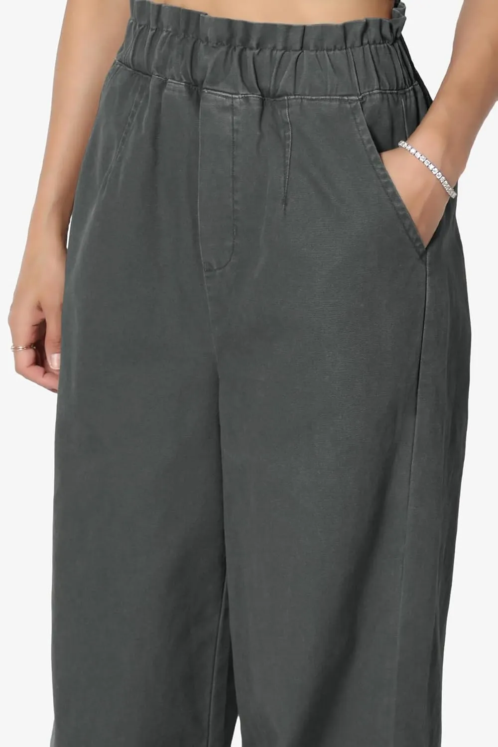 TheMogan Women's Tall S~3X Washed Canvas Twill Paperbag Elastic High Waist Wide Pants