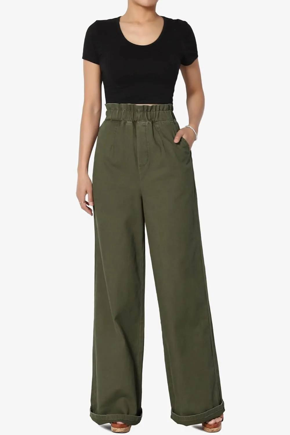 TheMogan Women's Tall S~3X Washed Canvas Twill Paperbag Elastic High Waist Wide Pants