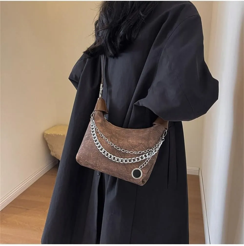 Thick Chain Hobo Tote Bag for Women Leather Vintage Slouchy Shoulder Hobo Crescent Bag Designer Y2K Hobo Handbag