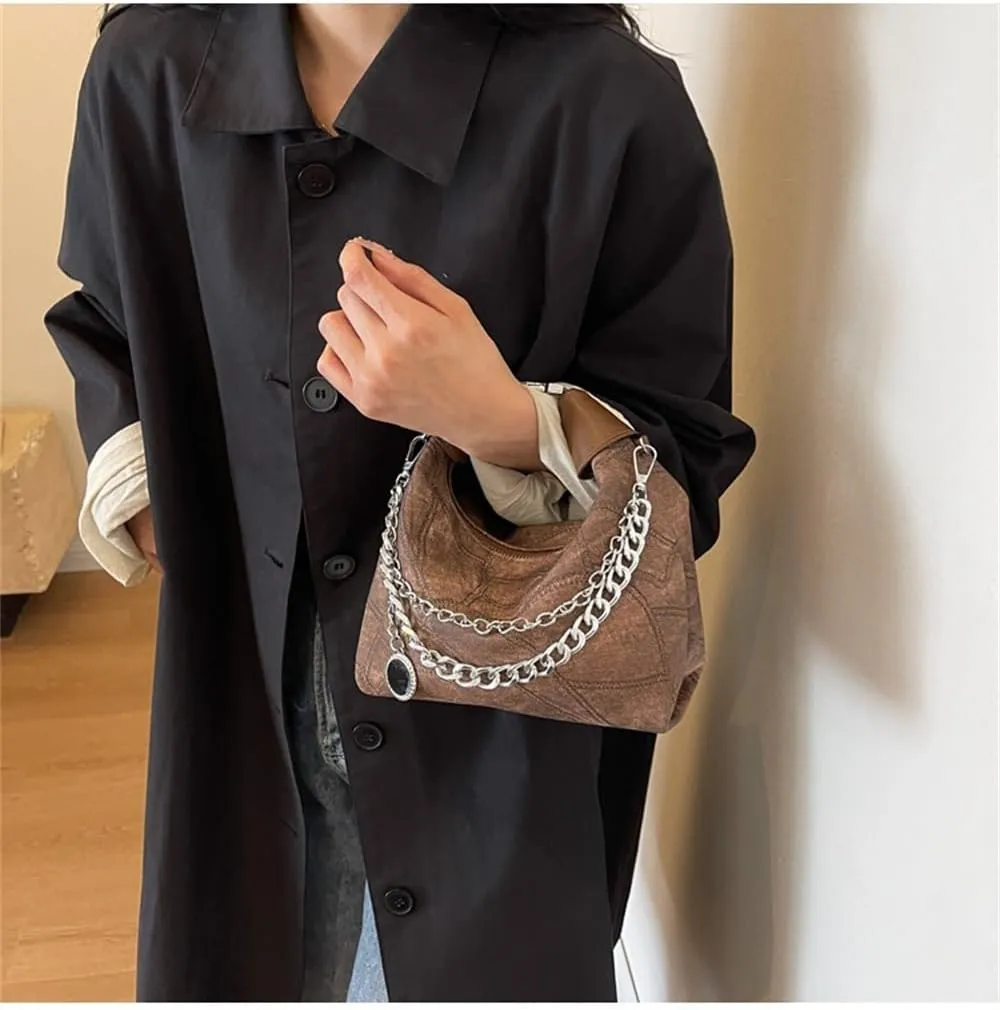 Thick Chain Hobo Tote Bag for Women Leather Vintage Slouchy Shoulder Hobo Crescent Bag Designer Y2K Hobo Handbag