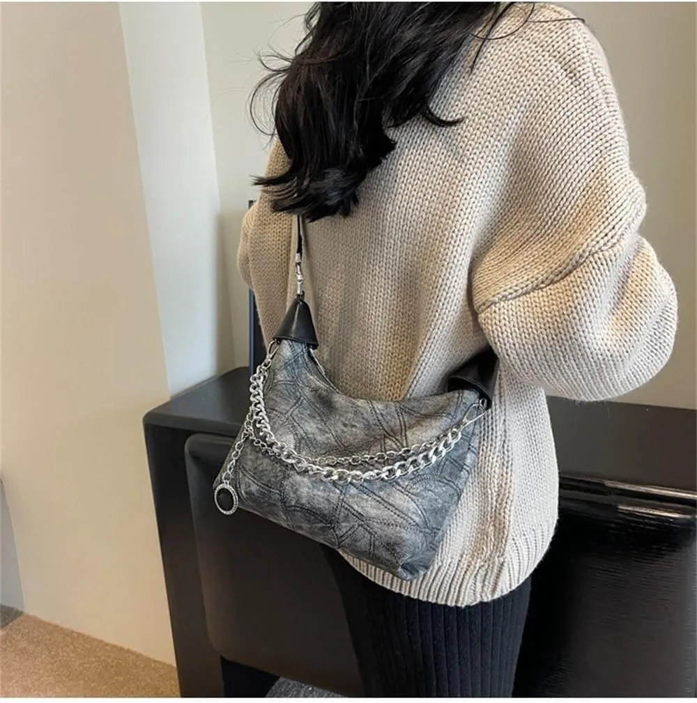 Thick Chain Hobo Tote Bag for Women Leather Vintage Slouchy Shoulder Hobo Crescent Bag Designer Y2K Hobo Handbag