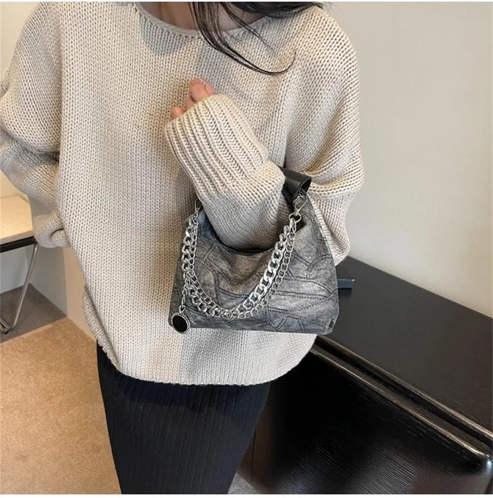Thick Chain Hobo Tote Bag for Women Leather Vintage Slouchy Shoulder Hobo Crescent Bag Designer Y2K Hobo Handbag