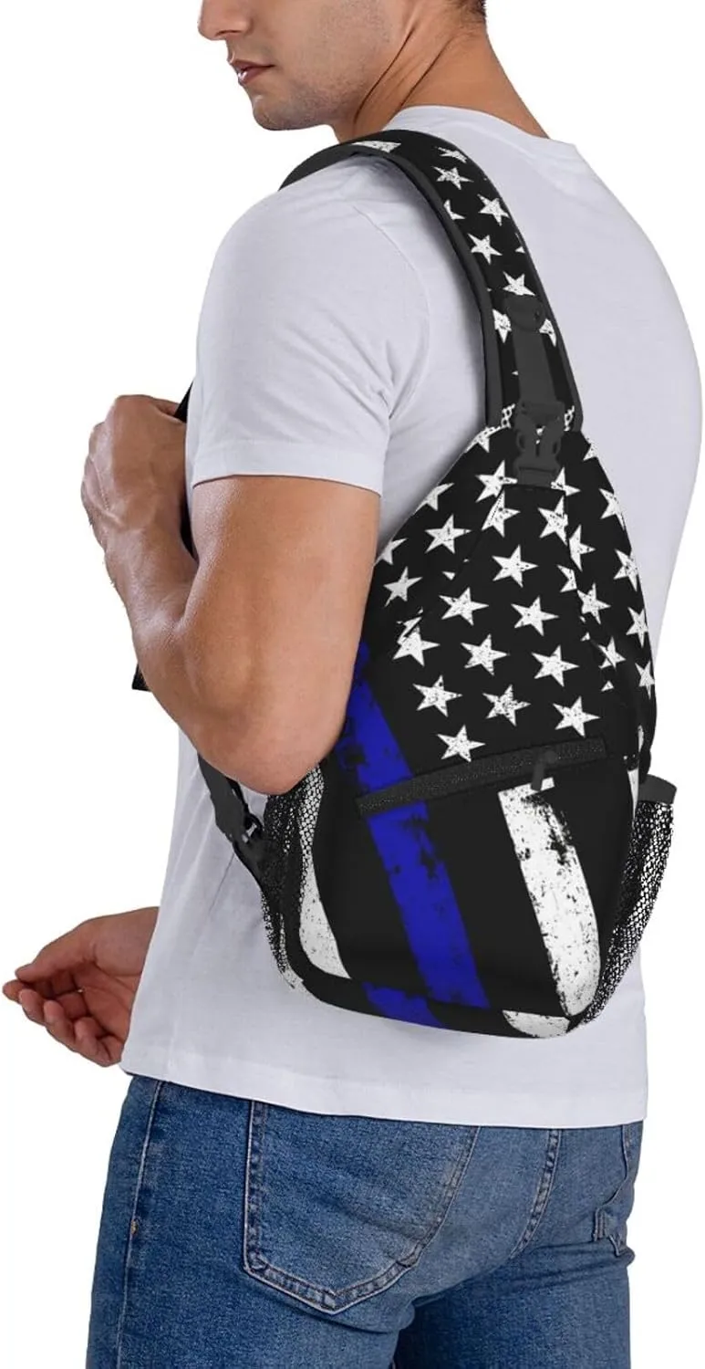 Thin Blue Line American Flag Crossbody Bags Cross Men Chest Bag Adjustable Sling Backpack Shoulder Bag For Women Cycling Travel Sport Hiking