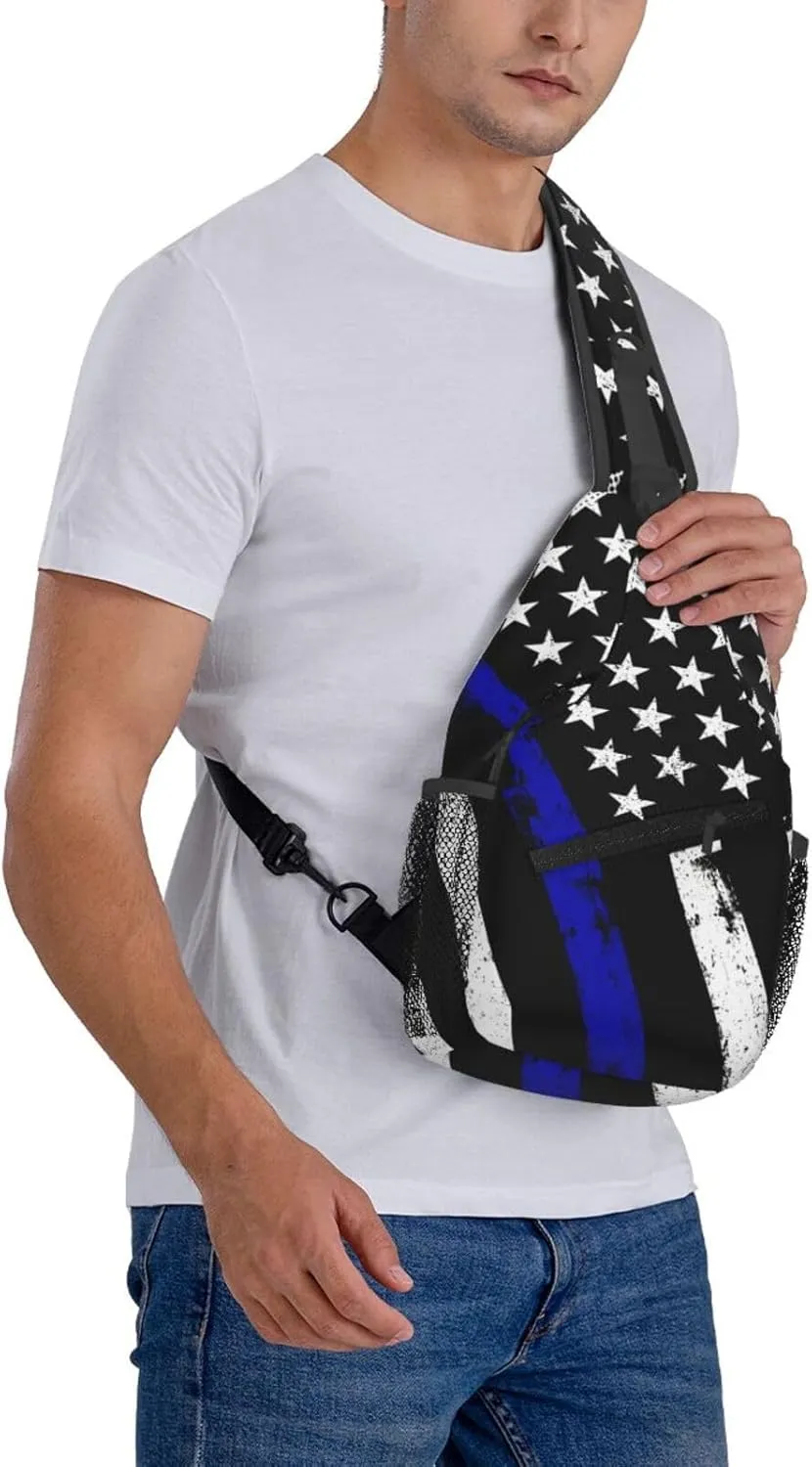 Thin Blue Line American Flag Crossbody Bags Cross Men Chest Bag Adjustable Sling Backpack Shoulder Bag For Women Cycling Travel Sport Hiking