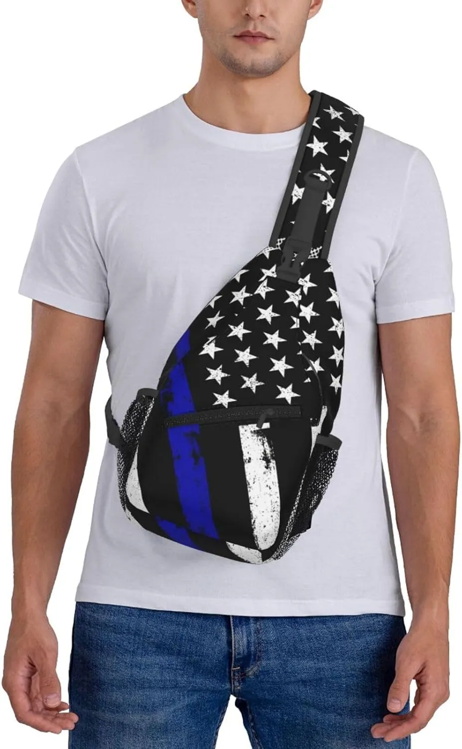 Thin Blue Line American Flag Crossbody Bags Cross Men Chest Bag Adjustable Sling Backpack Shoulder Bag For Women Cycling Travel Sport Hiking