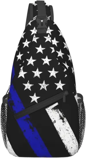 Thin Blue Line American Flag Crossbody Bags Cross Men Chest Bag Adjustable Sling Backpack Shoulder Bag For Women Cycling Travel Sport Hiking
