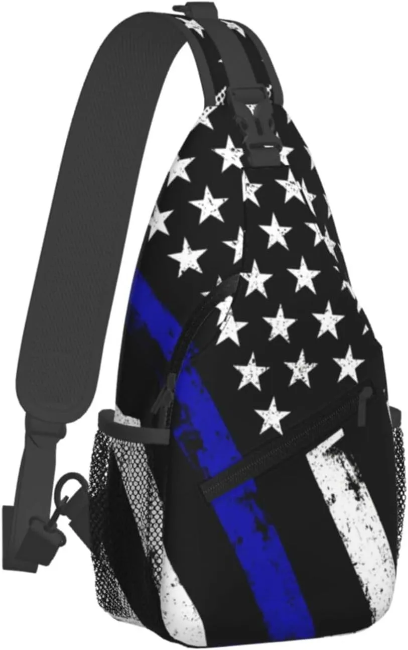 Thin Blue Line American Flag Crossbody Bags Cross Men Chest Bag Adjustable Sling Backpack Shoulder Bag For Women Cycling Travel Sport Hiking