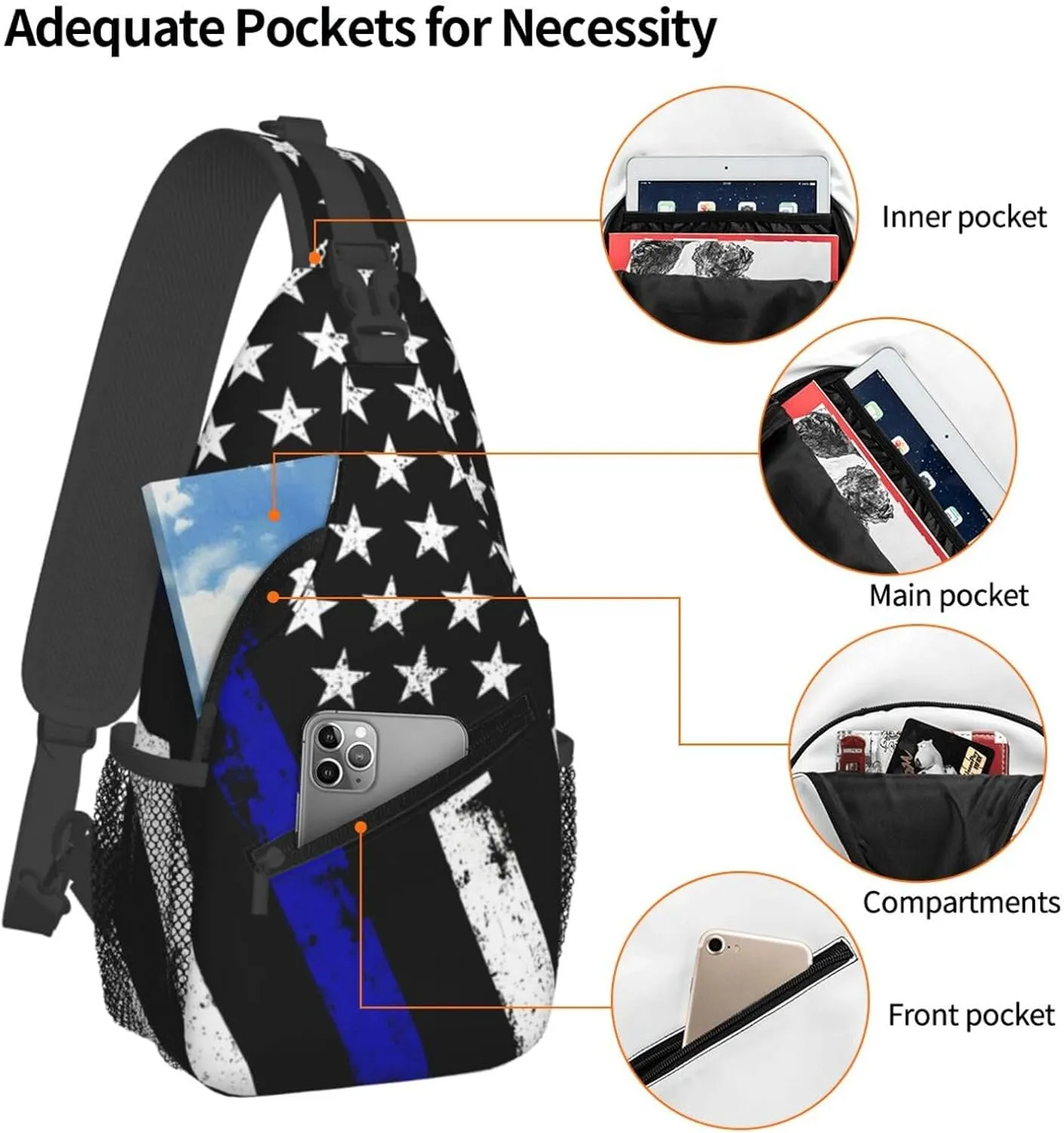Thin Blue Line American Flag Crossbody Bags Cross Men Chest Bag Adjustable Sling Backpack Shoulder Bag For Women Cycling Travel Sport Hiking