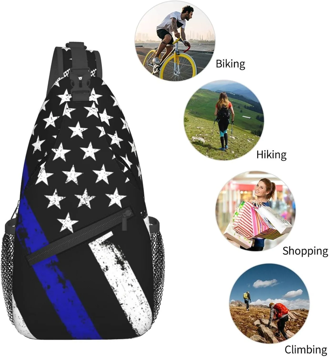 Thin Blue Line American Flag Crossbody Bags Cross Men Chest Bag Adjustable Sling Backpack Shoulder Bag For Women Cycling Travel Sport Hiking