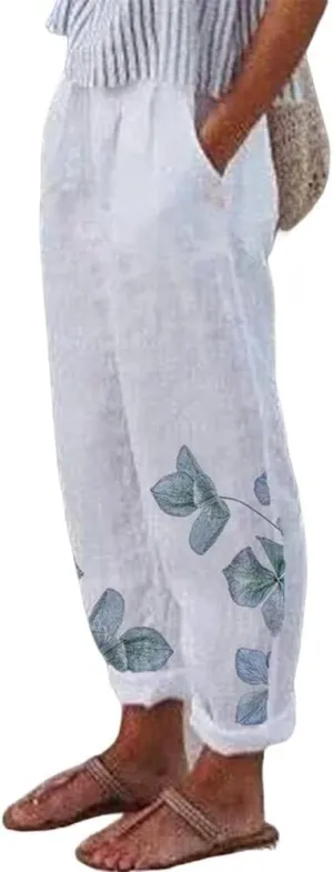 TIAFORD Women's Cotton Linen Floral Printed Pants Casual Elastic Waist Crop Trousers with Pockets