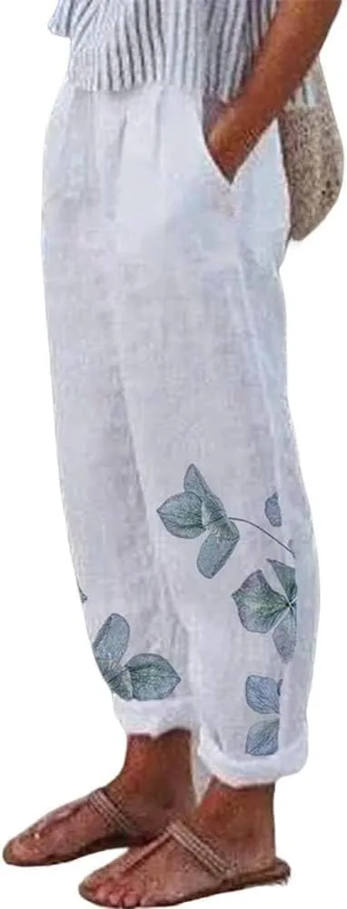 TIAFORD Women's Cotton Linen Floral Printed Pants Casual Elastic Waist Crop Trousers with Pockets
