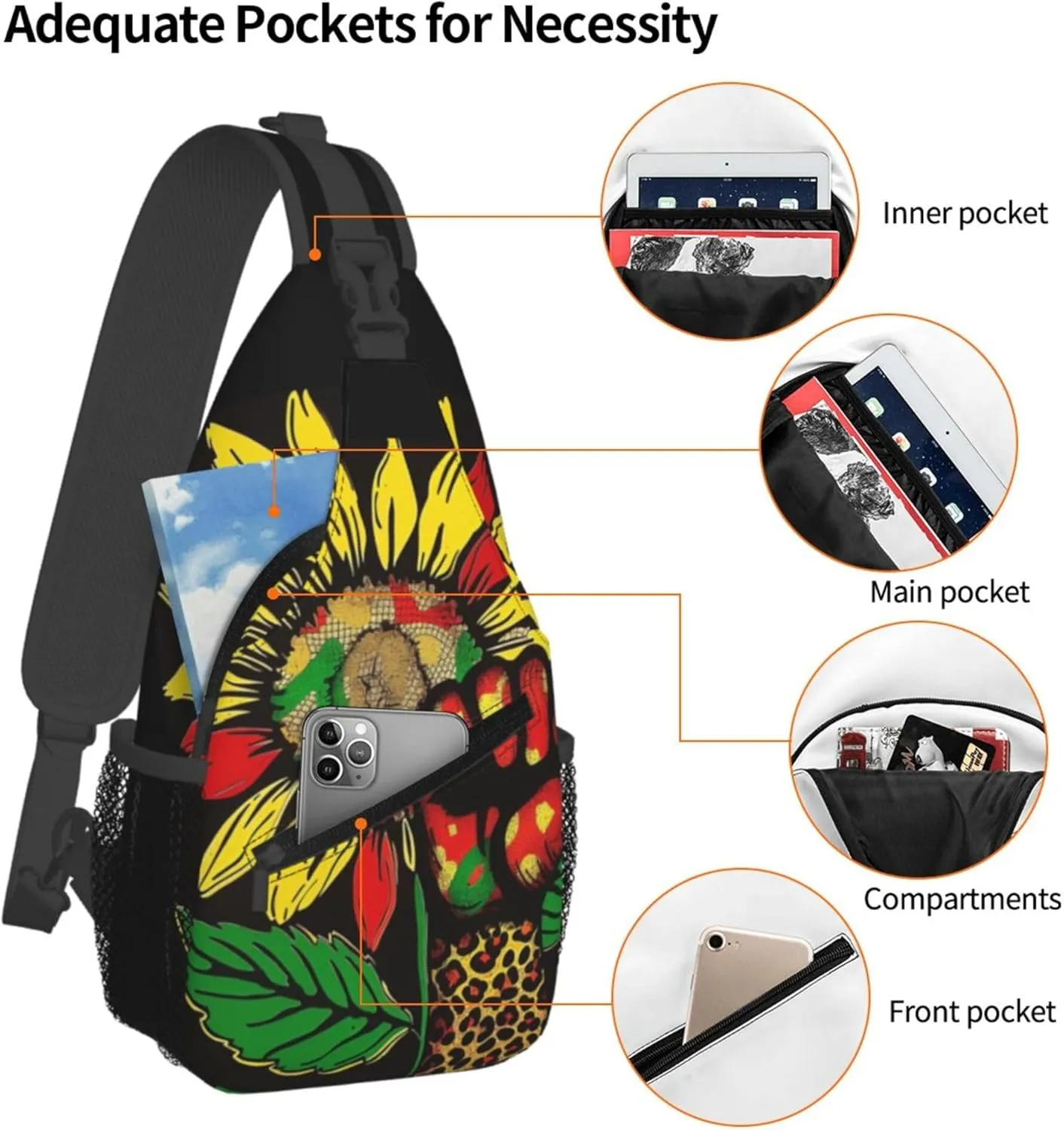 Tie Dye Sunflower Hand Fightning Sling Backpack Crossbody Bag, Chest Bag Daypack for Outdoors Hiking Traveling