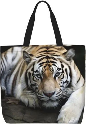 Tiger Lie On Rock Large Tote Bag Portable Shopping Handbags With Zipper Inner Pocket Reusable Waterproof Beach Grocery Bag For Women Shopping Travel Work