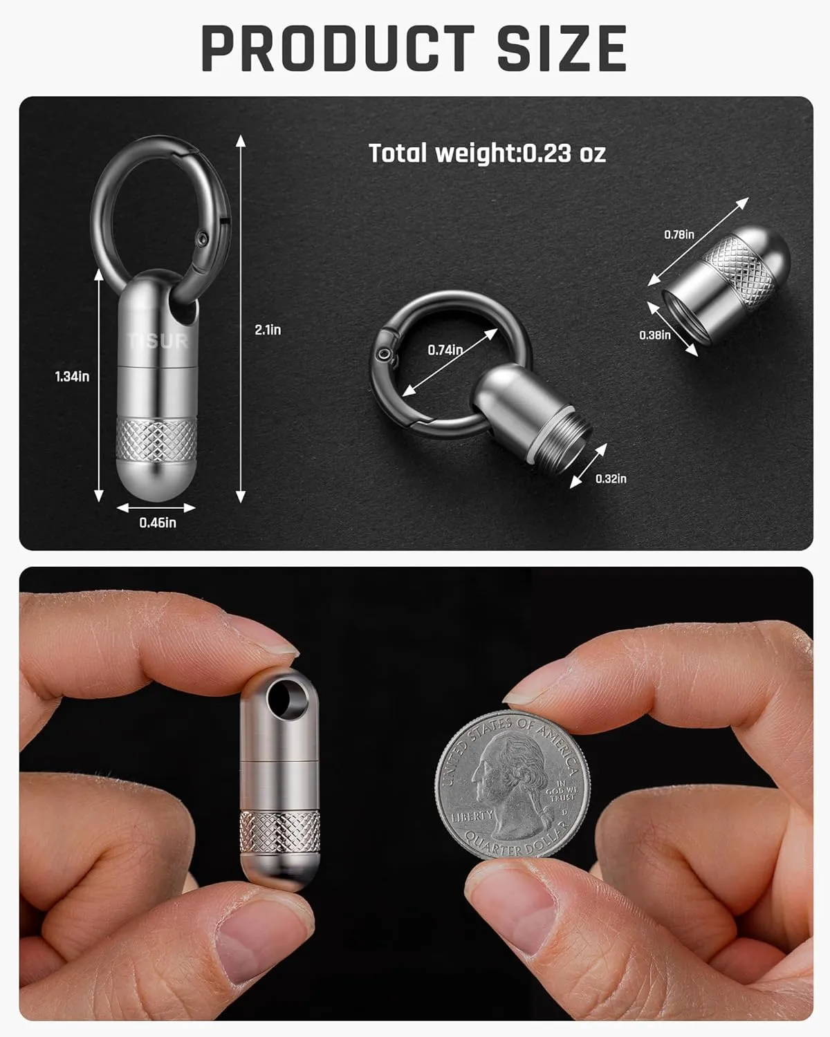 TISUR Titanium Small Pill Case,Mini Single Keychain Pill Holder Portable Pill Container,Pocket Purse Pill Organizer Bottle Box for Travel (Titanium Silver (1-Pack))