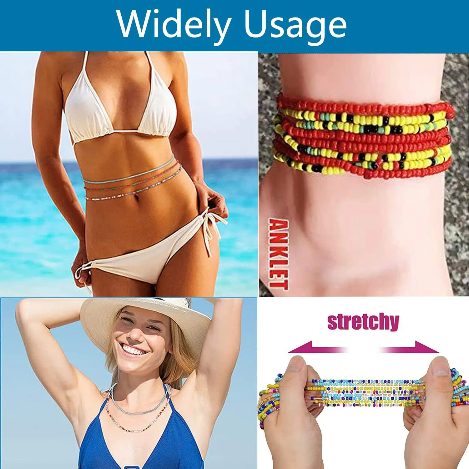 TOBENY SHIWE 24PCS Waist Bead Chains for Women Colorful Summer Body Chains Belly Beads Bikini Jewelry Chains Bead Waist Chains Set