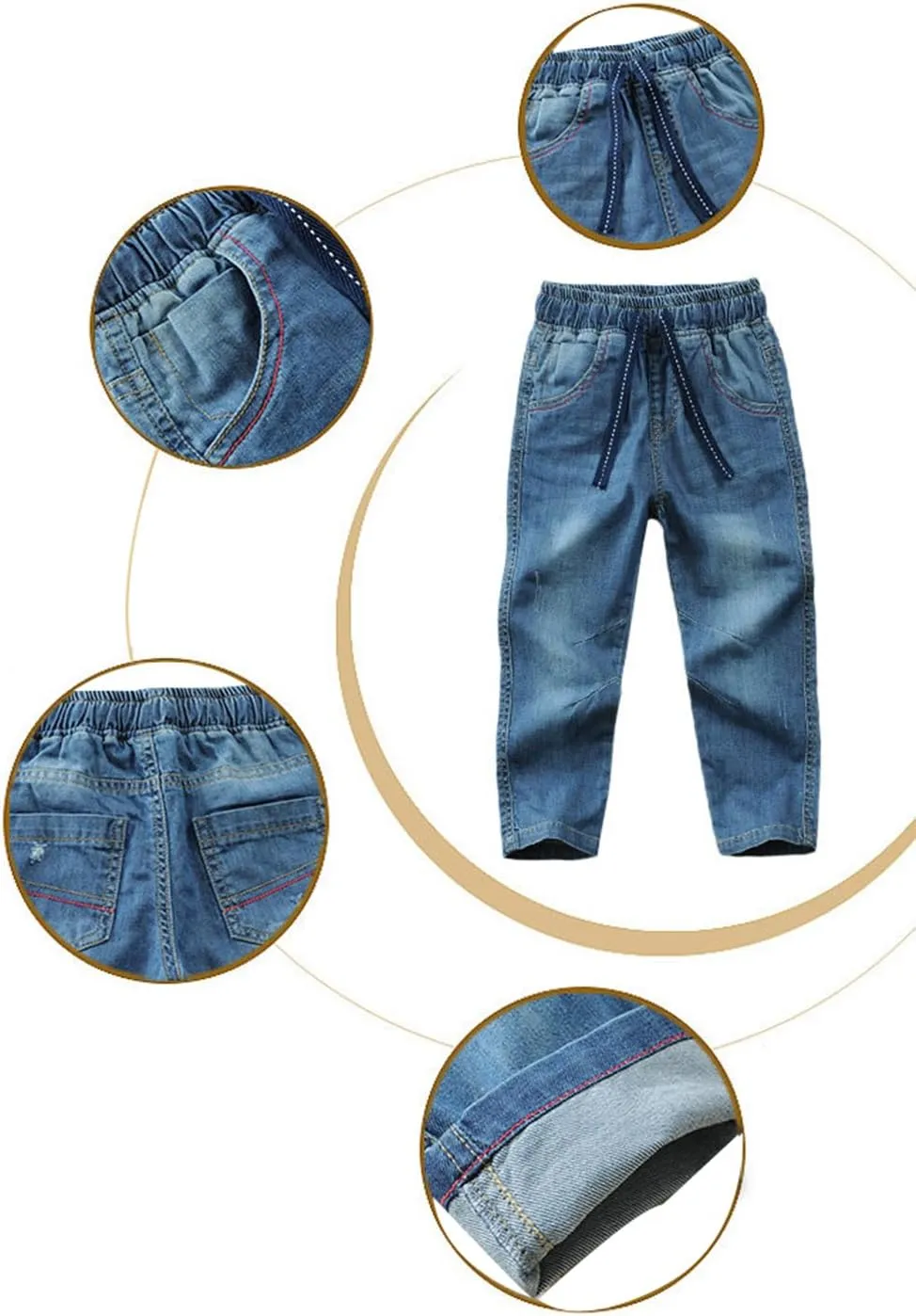 Toddler Kid Boy Elastic Mid Waist Washed Full Length Straight Pants Denim Jeans