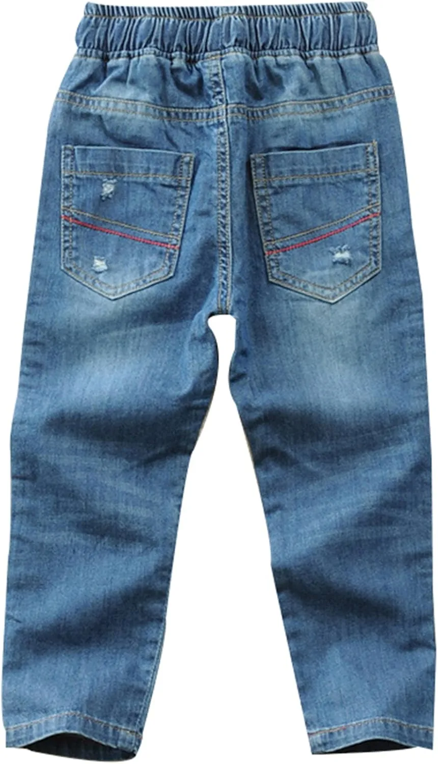 Toddler Kid Boy Elastic Mid Waist Washed Full Length Straight Pants Denim Jeans