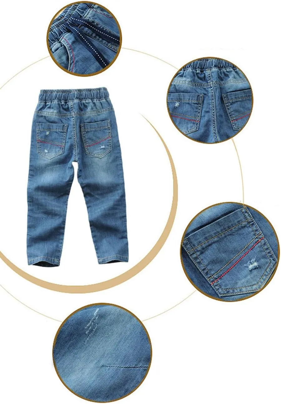 Toddler Kid Boy Elastic Mid Waist Washed Full Length Straight Pants Denim Jeans