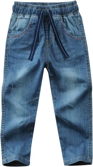 Toddler Kid Boy Elastic Mid Waist Washed Full Length Straight Pants Denim Jeans