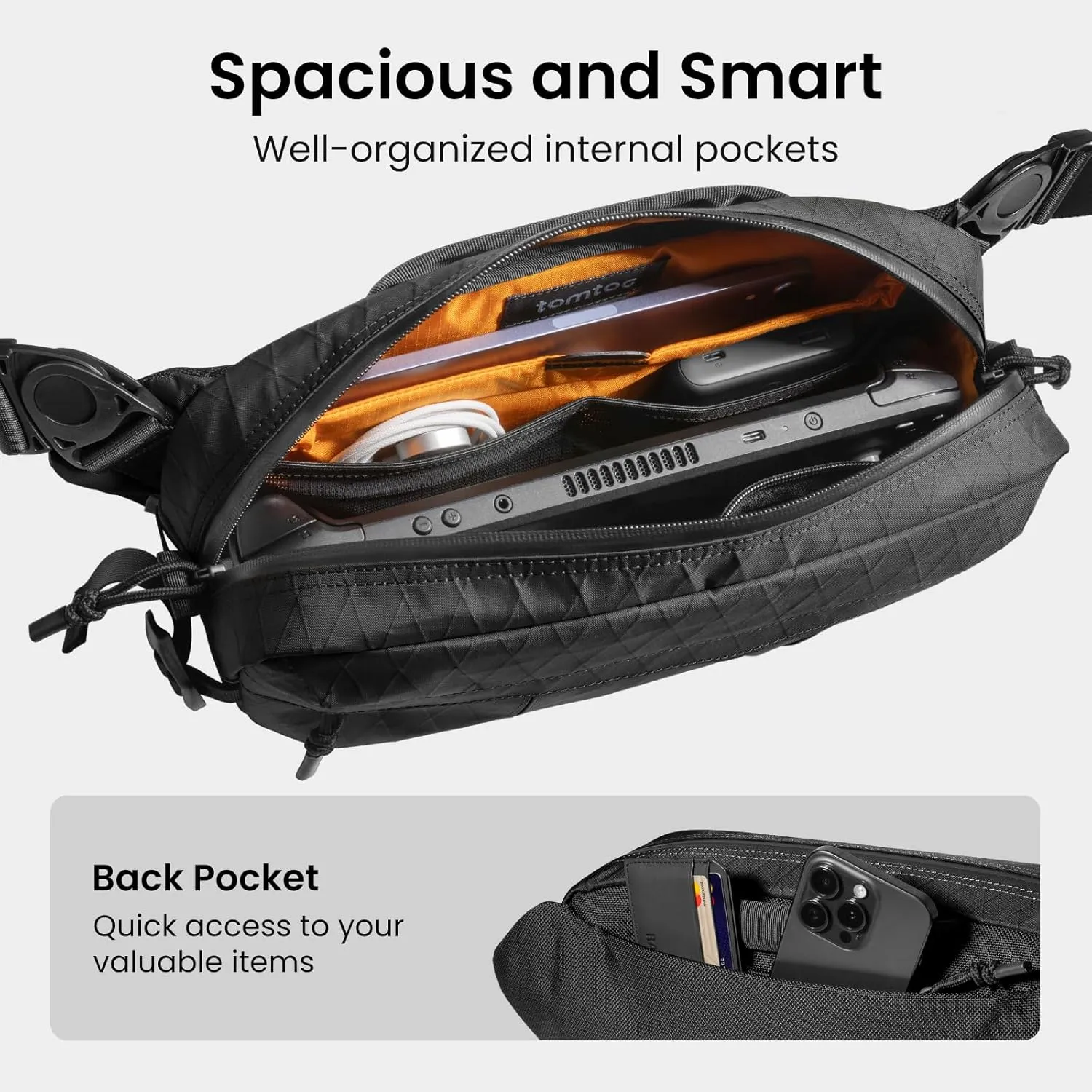 tomtoc 5.5L X-Pac Sling Bag, Heavy Duty Crossbody Bag for Men, Water-resistant Carry Chest Daypack Travel Shoulder Pack for Nintendo Switch 2, Steam Deck OLED, ROG Ally X, iPad mini, Tactical