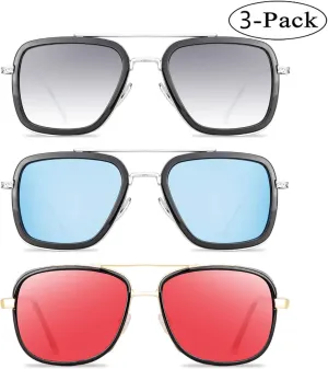 Tony Stark Sunglasses 3 Pack Sunglasses for Men Women Vintage Aviator Square Metal Frame ，Spider Man Glasses