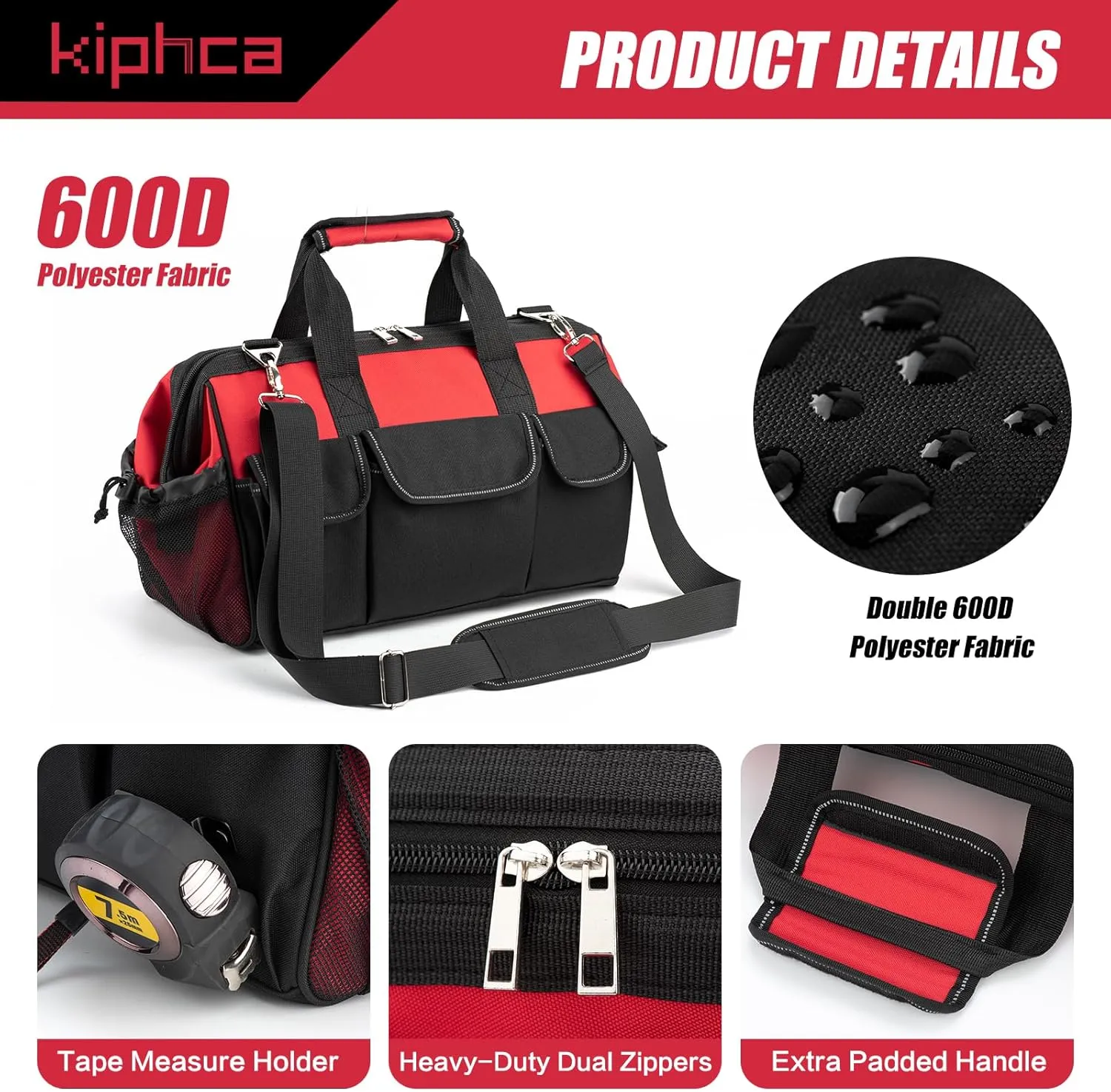 Tool Bag, Foldable Open 16 Inch Top Tool Bag Organizer for Easy Tool Access, Water-Resistant Construction, Electrician Tool Bag with Handle & Padded Adjustable Strap, Red