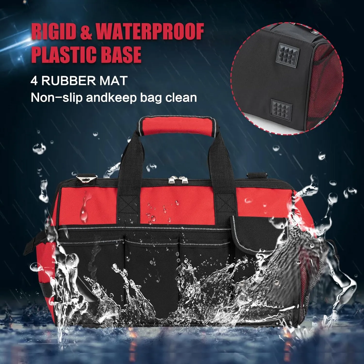 Tool Bag, Foldable Open 16 Inch Top Tool Bag Organizer for Easy Tool Access, Water-Resistant Construction, Electrician Tool Bag with Handle & Padded Adjustable Strap, Red