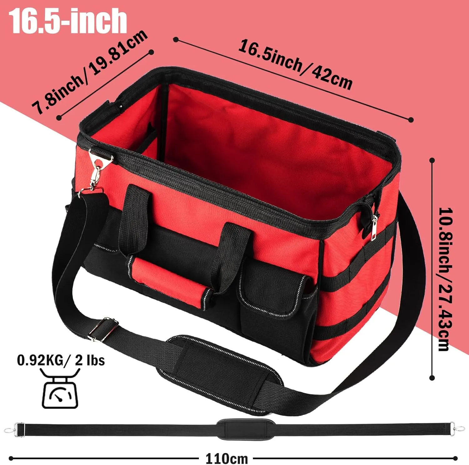 Tool Bag, Foldable Open 16 Inch Top Tool Bag Organizer for Easy Tool Access, Water-Resistant Construction, Electrician Tool Bag with Handle & Padded Adjustable Strap, Red