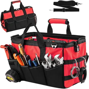 Tool Bag, Foldable Open 16 Inch Top Tool Bag Organizer for Easy Tool Access, Water-Resistant Construction, Electrician Tool Bag with Handle & Padded Adjustable Strap, Red