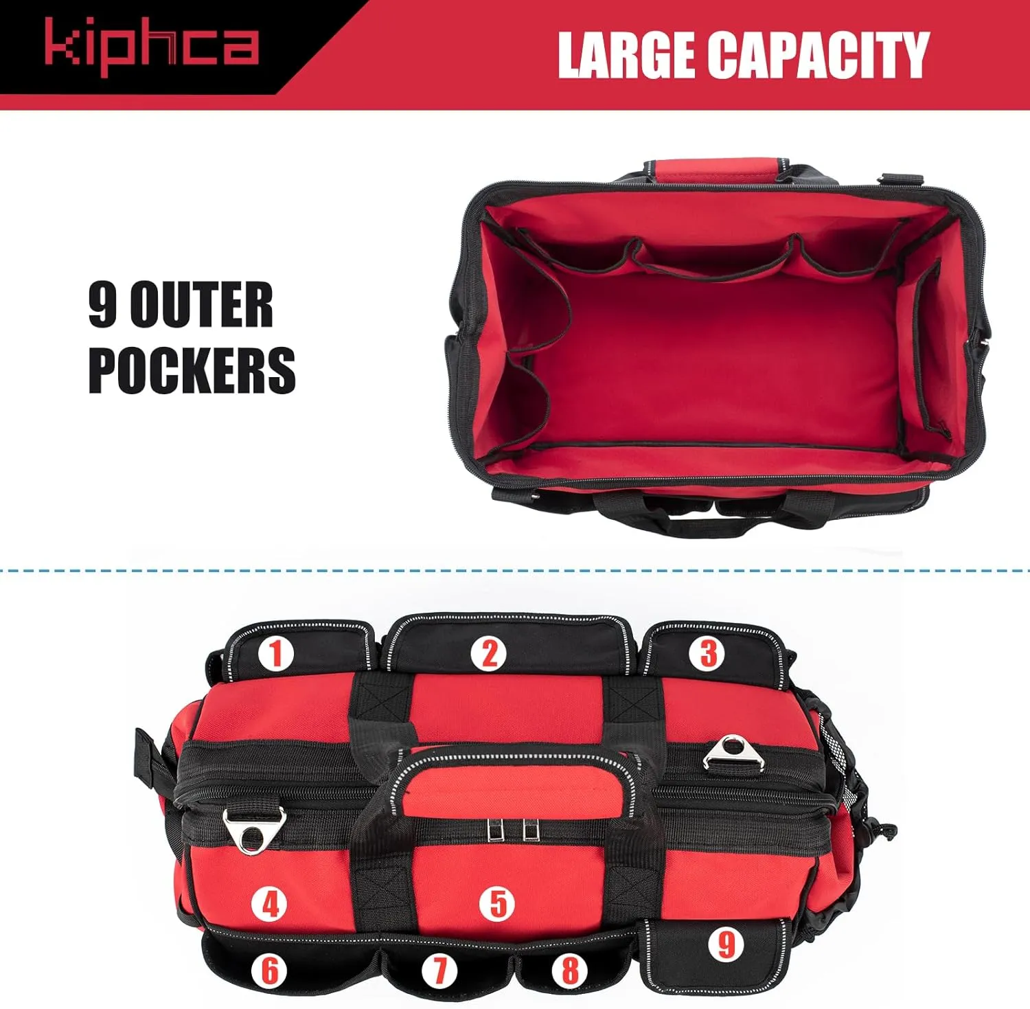 Tool Bag, Foldable Open 16 Inch Top Tool Bag Organizer for Easy Tool Access, Water-Resistant Construction, Electrician Tool Bag with Handle & Padded Adjustable Strap, Red