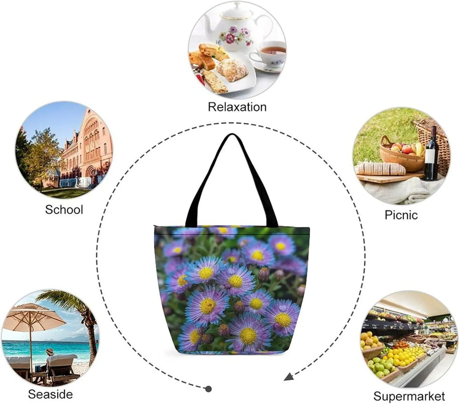 Tote Bag for Women Grocery Bag Flowers Bright Colors Foldable Shopping Bags Reusable Large Tote Bag