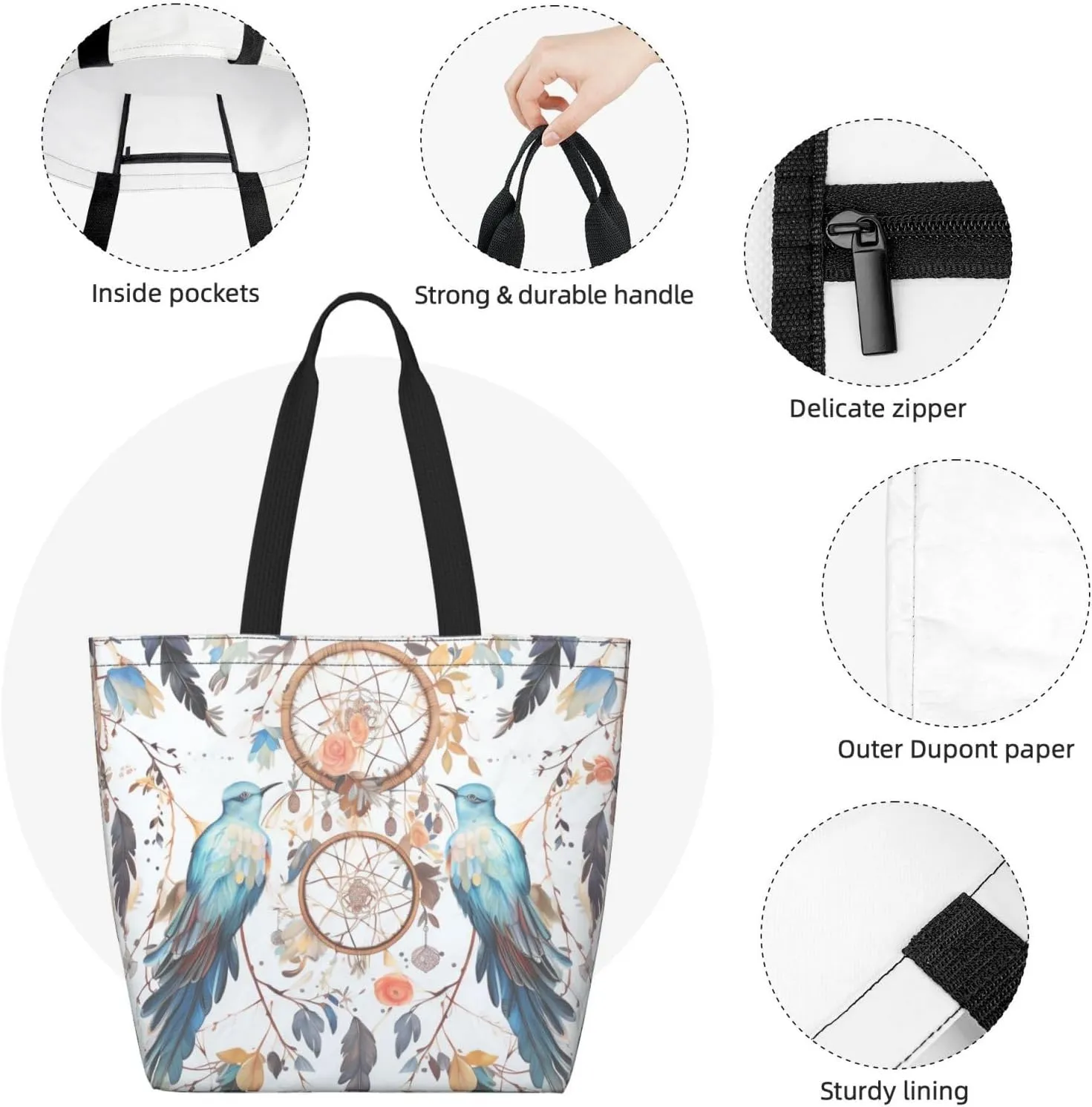 Tote Bag for Women Grocery Bag Reusable Shopping Bag Elephant white pattern Handbag Foldable Shoulder Bag