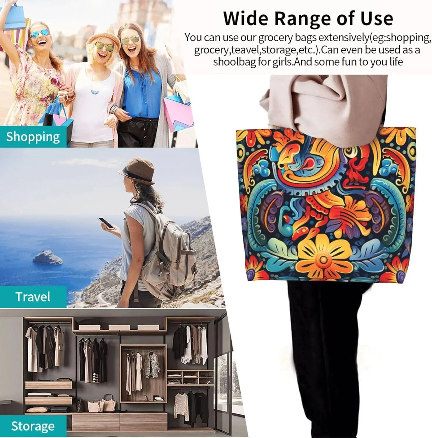 Tote Bag for Women Grocery Bag Reusable Shopping Bag Orange Flower Handbag Foldable Shoulder Bag