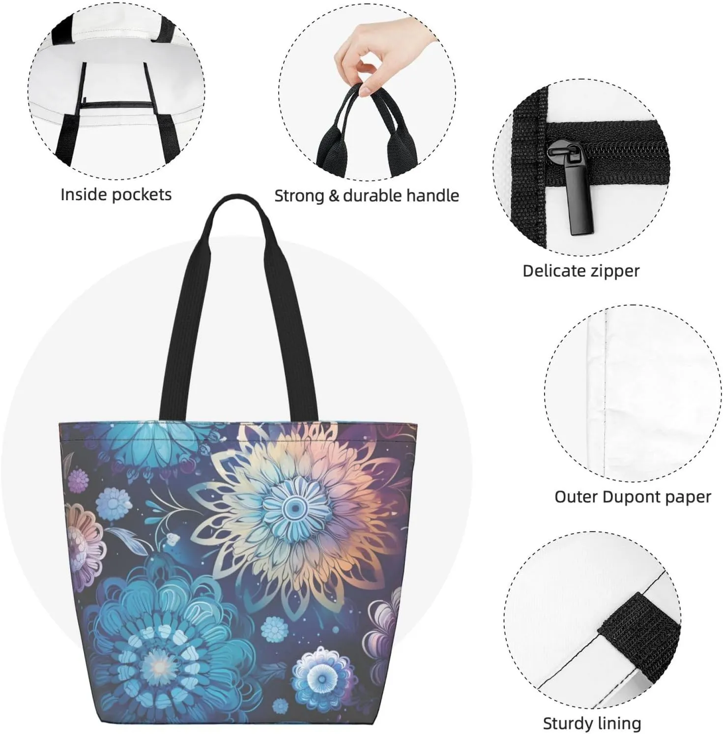 Tote Bag for Women Grocery Bag Reusable Shopping Bag Purple abstract elements Handbag Foldable Shoulder Bag