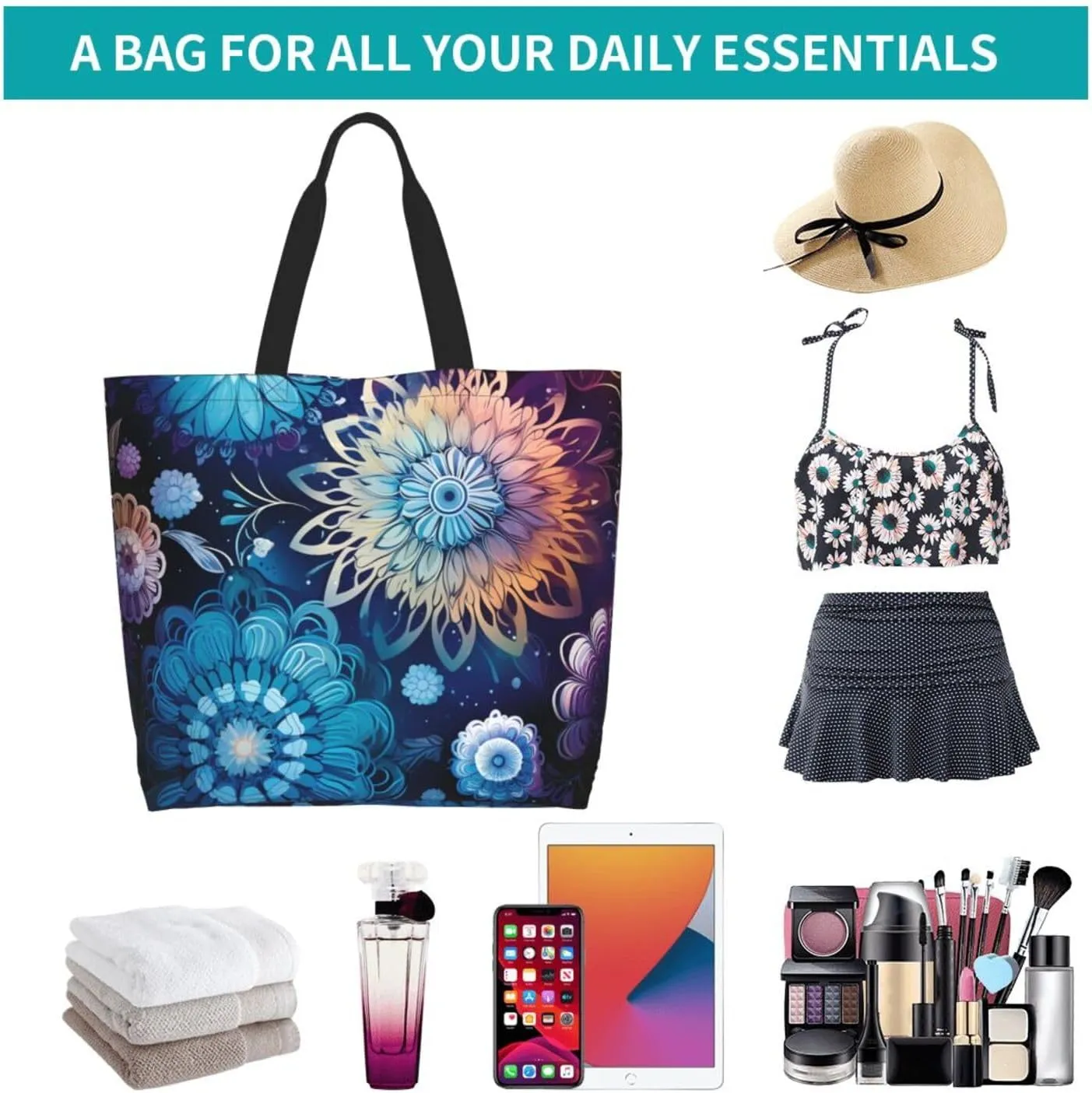 Tote Bag for Women Grocery Bag Reusable Shopping Bag Purple blue background Handbag Foldable Shoulder Bag