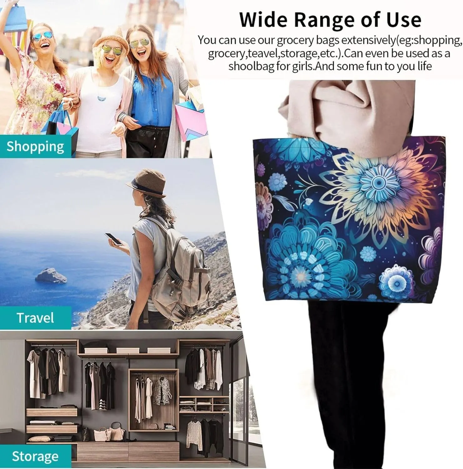 Tote Bag for Women Grocery Bag Reusable Shopping Bag Purple blue background Handbag Foldable Shoulder Bag