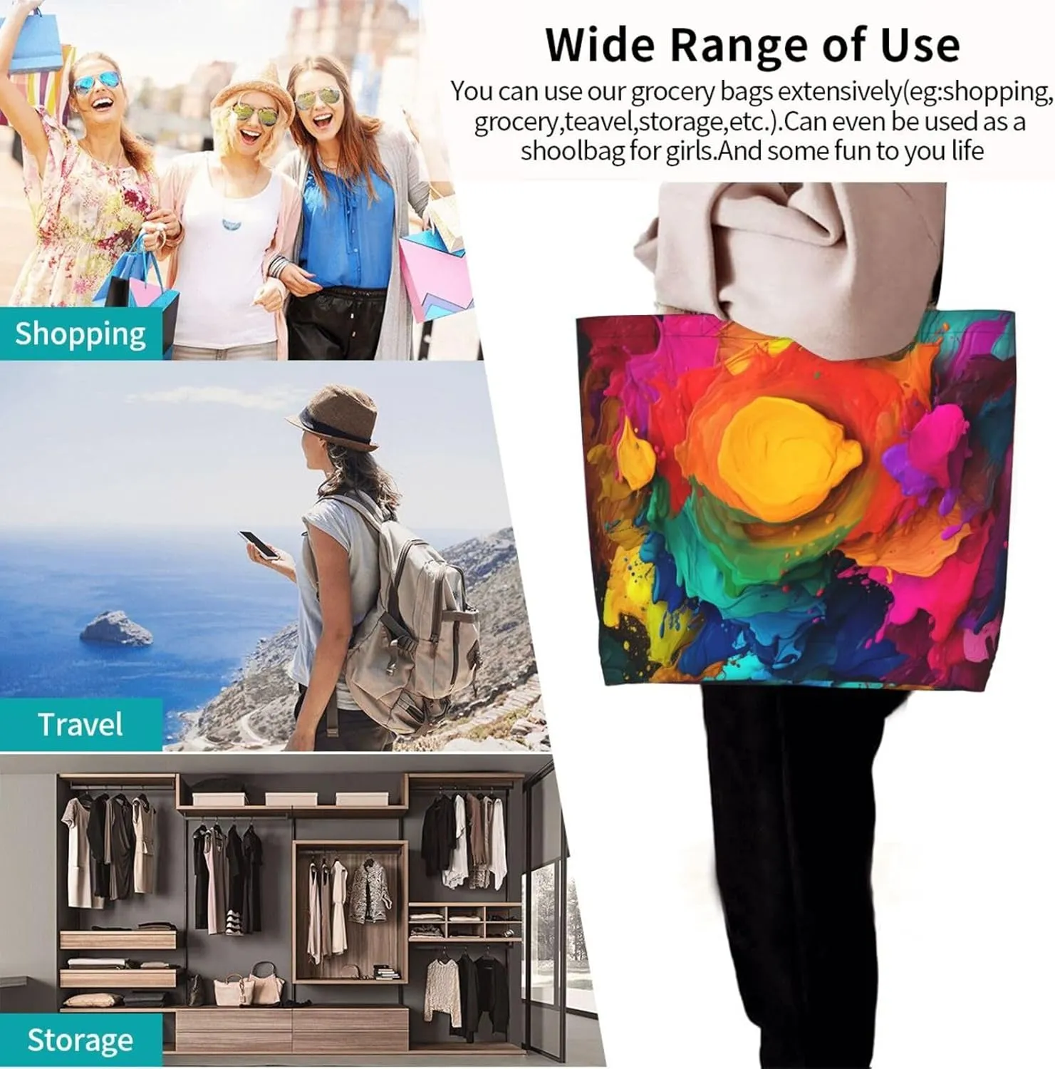Tote Bag for Women Grocery Bag Reusable Shopping Bag Purple blue background Handbag Foldable Shoulder Bag