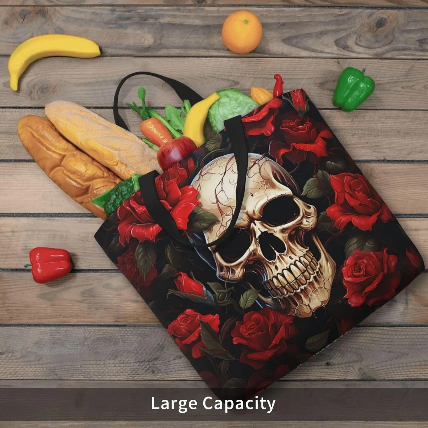Tote Bag for Women Grocery Bag Reusable Shopping Bag Sugar Skull Rose Handbag Foldable Shoulder Bag