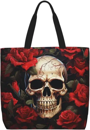 Tote Bag for Women Grocery Bag Reusable Shopping Bag Sugar Skull Rose Handbag Foldable Shoulder Bag