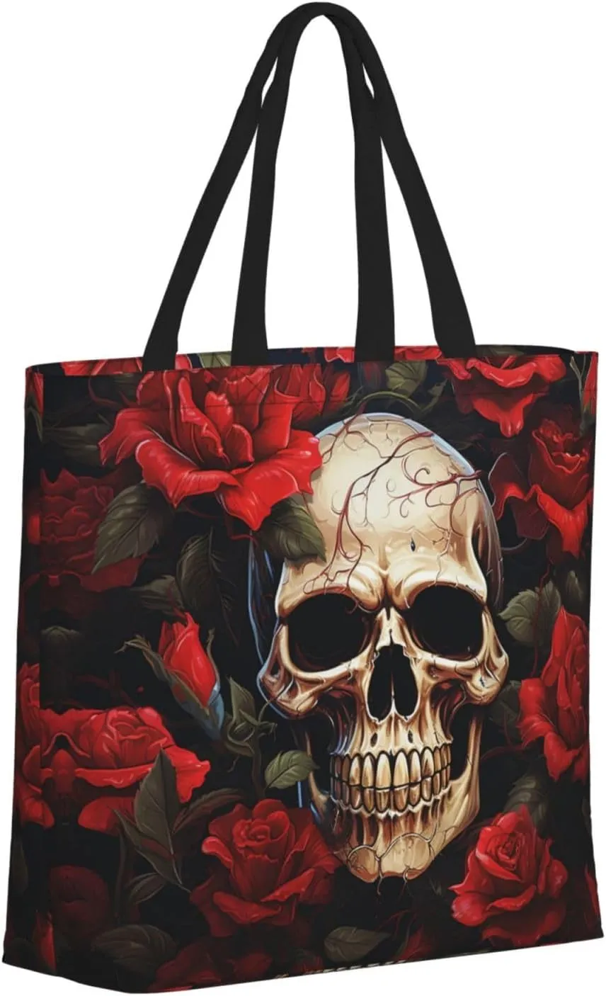 Tote Bag for Women Grocery Bag Reusable Shopping Bag Sugar Skull Rose Handbag Foldable Shoulder Bag