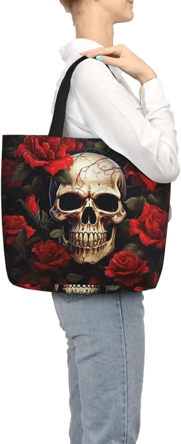 Tote Bag for Women Grocery Bag Reusable Shopping Bag Sugar Skull Rose Handbag Foldable Shoulder Bag
