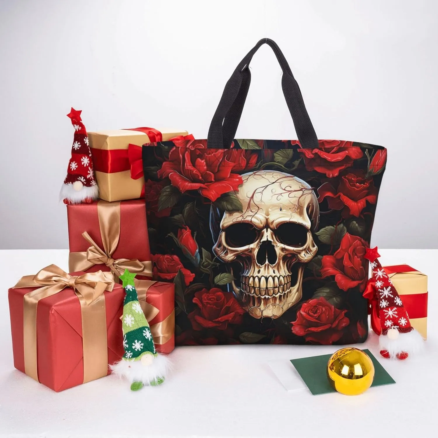 Tote Bag for Women Grocery Bag Reusable Shopping Bag Sugar Skull Rose Handbag Foldable Shoulder Bag