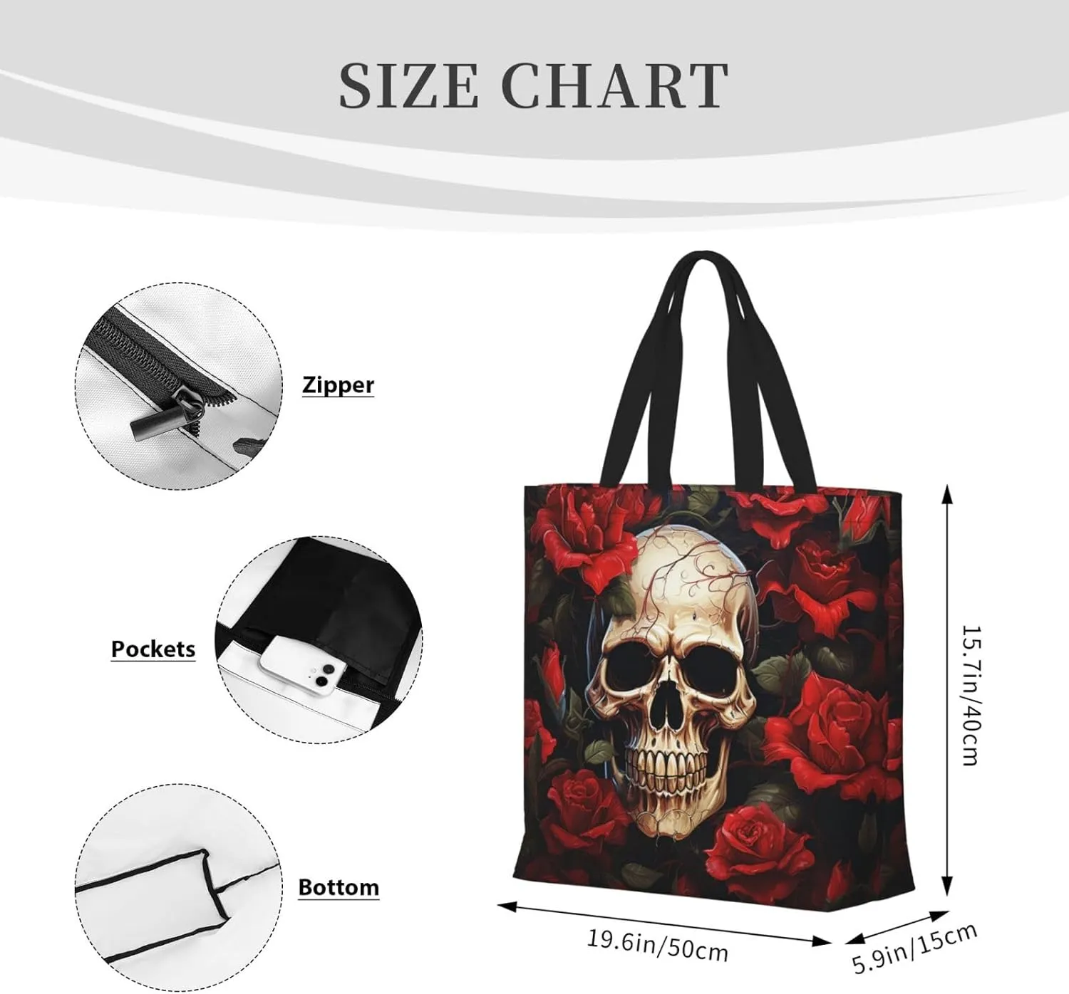 Tote Bag for Women Grocery Bag Reusable Shopping Bag Sugar Skull Rose Handbag Foldable Shoulder Bag