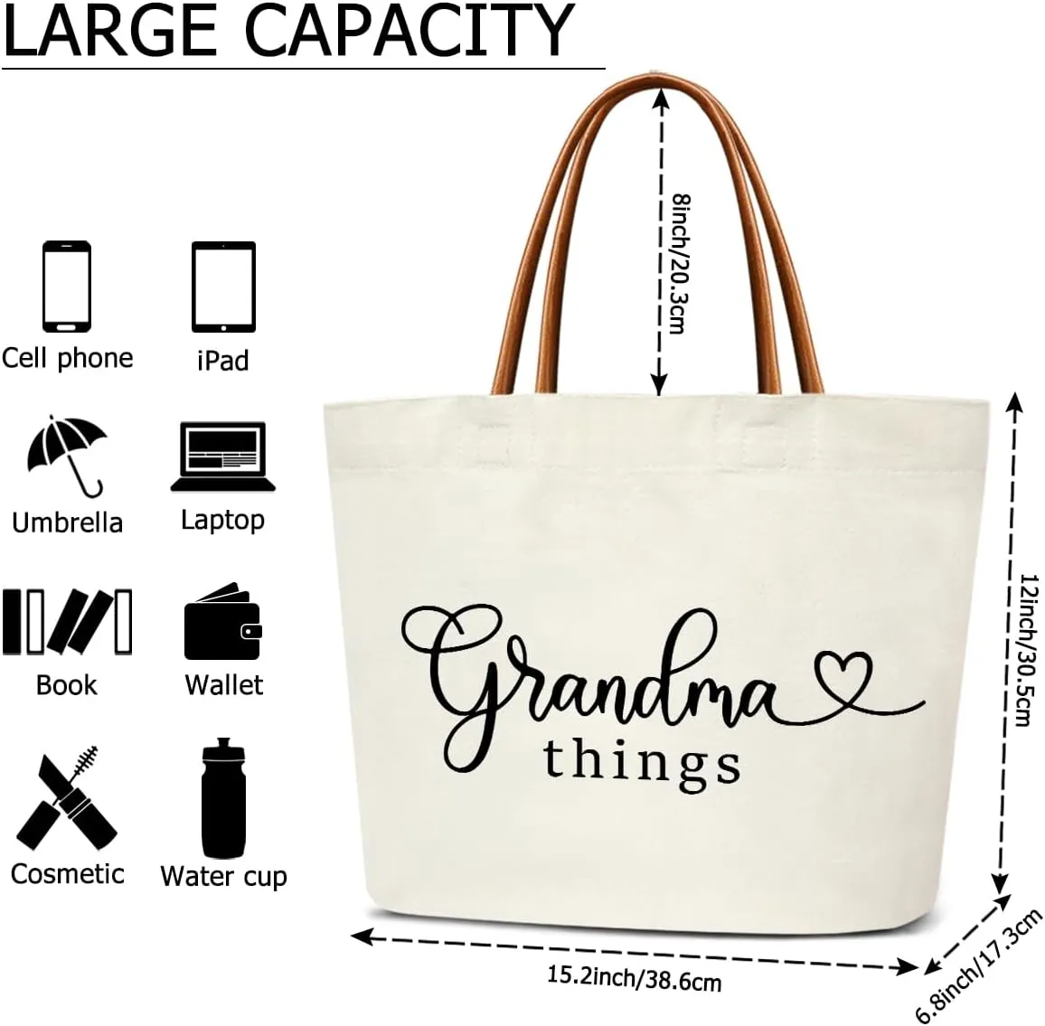 Tote Bag For Women Large Shoulder Canvas Tote Bag with Leather Handles Reusable Grocery Bags for Vacation, Shopping