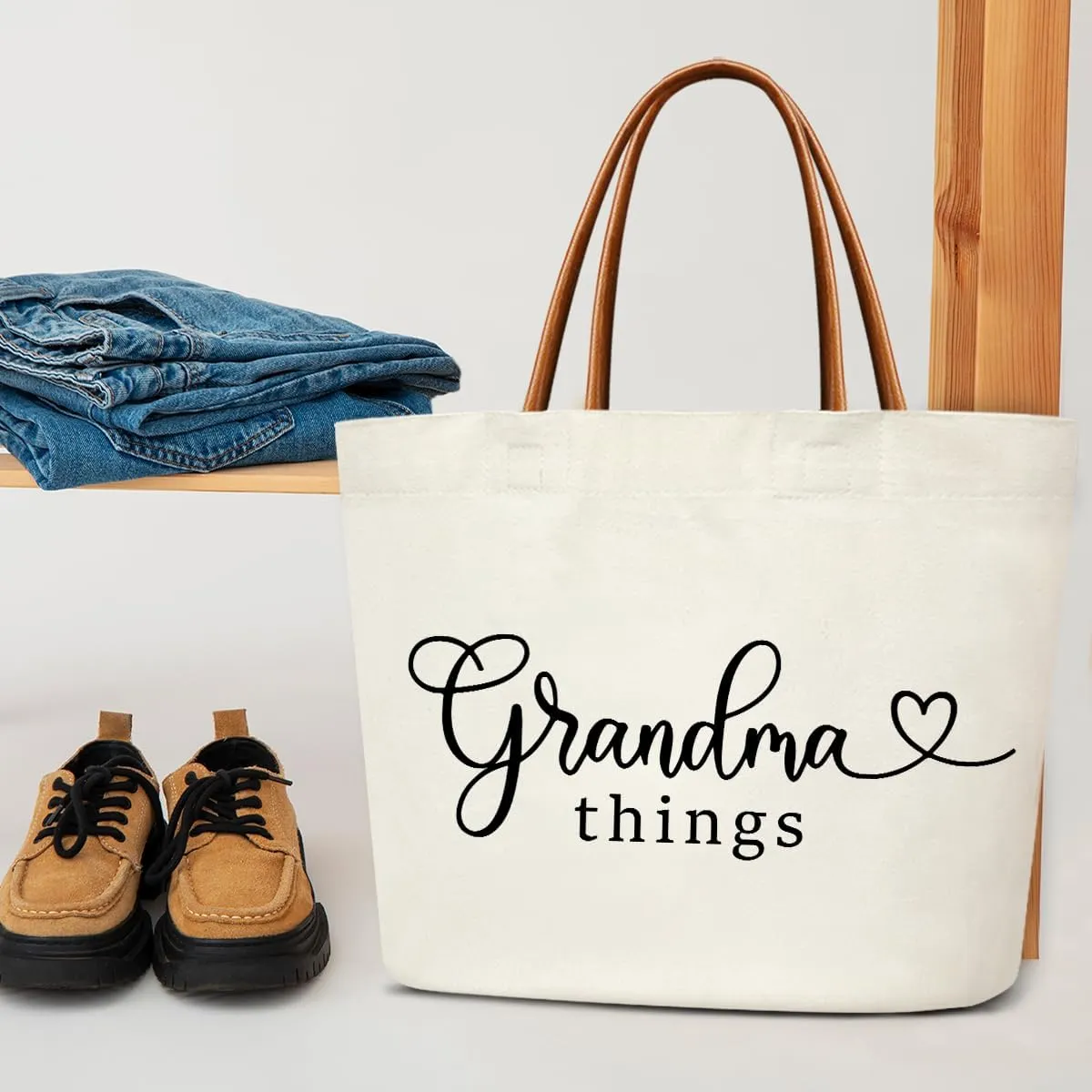 Tote Bag For Women Large Shoulder Canvas Tote Bag with Leather Handles Reusable Grocery Bags for Vacation, Shopping