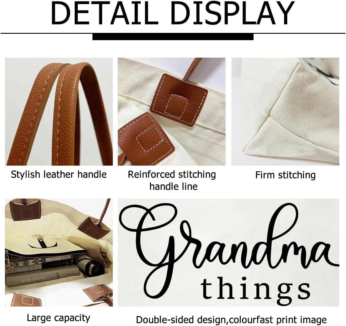Tote Bag For Women Large Shoulder Canvas Tote Bag with Leather Handles Reusable Grocery Bags for Vacation, Shopping